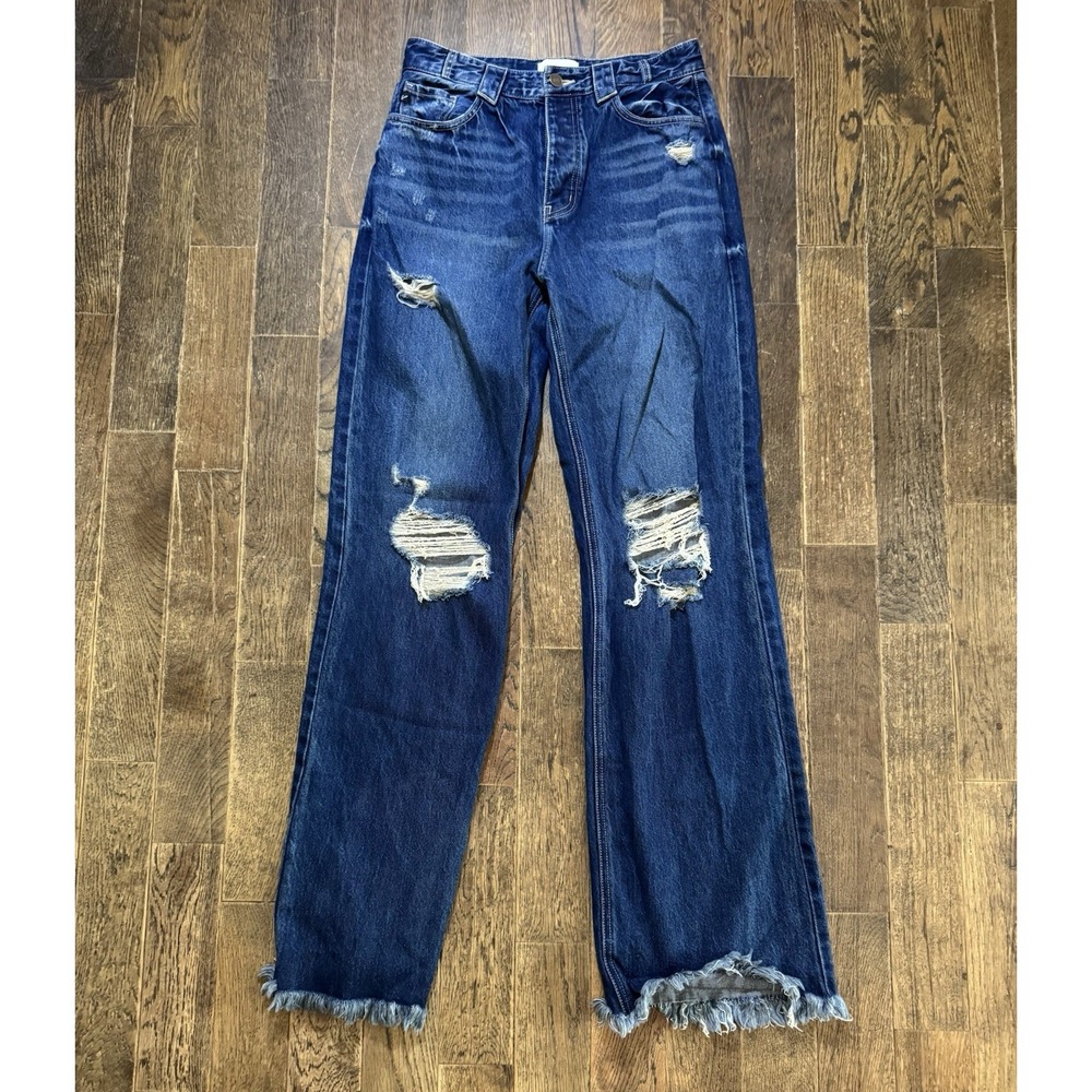 KanCan Wide Leg Jeans Womens 7/27 Blue Excellent Distressed Raw Hem High Rise